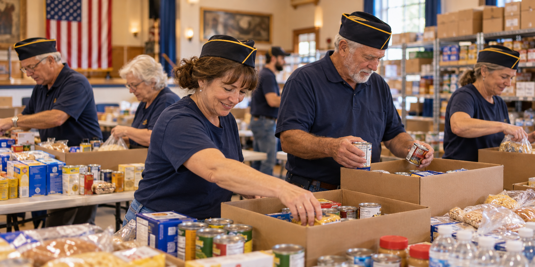 Volunteers preparing donated food and supplies for neighbors