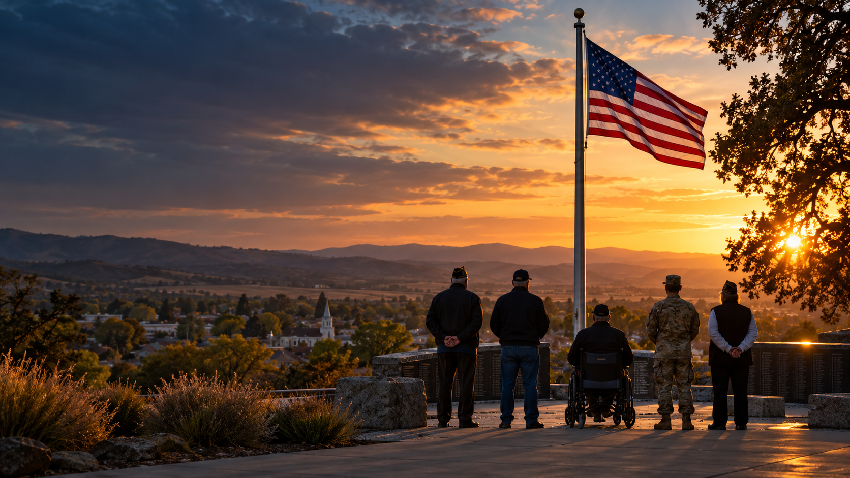 Veterans gathered at a memorial as the American flag catches the evening light