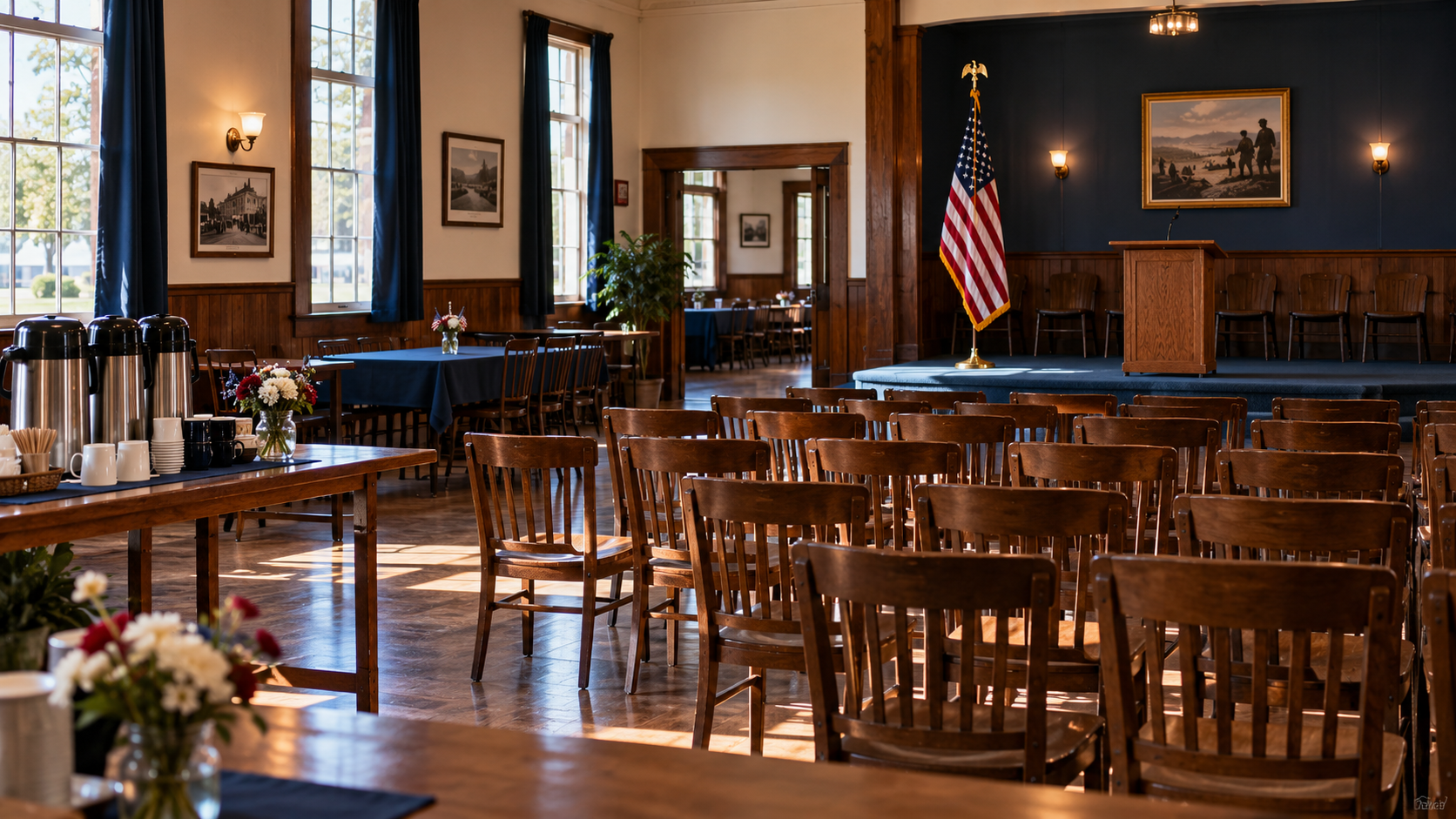 A welcoming American Legion hall set with rows of chairs and an American flag at the front